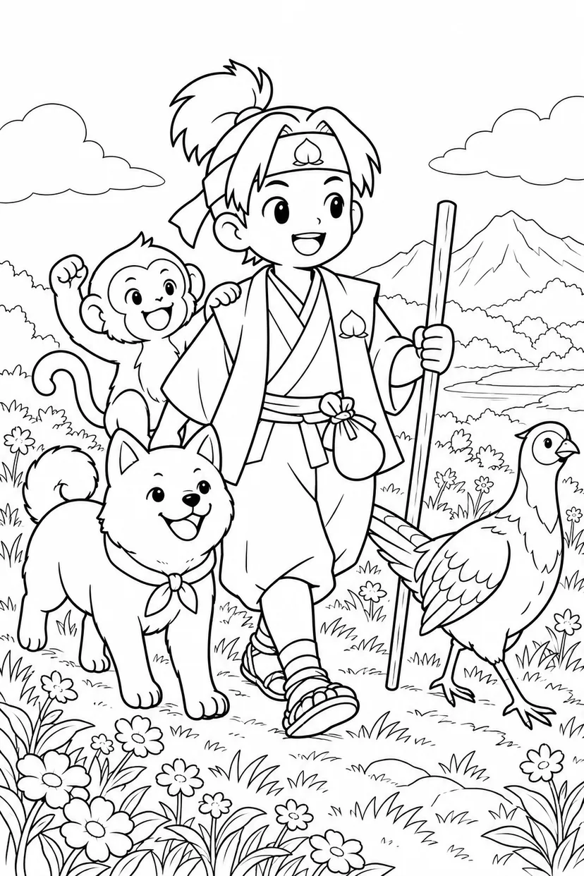 ほっこり桃太郎：桃太郎一行の野原さんぽの塗り絵