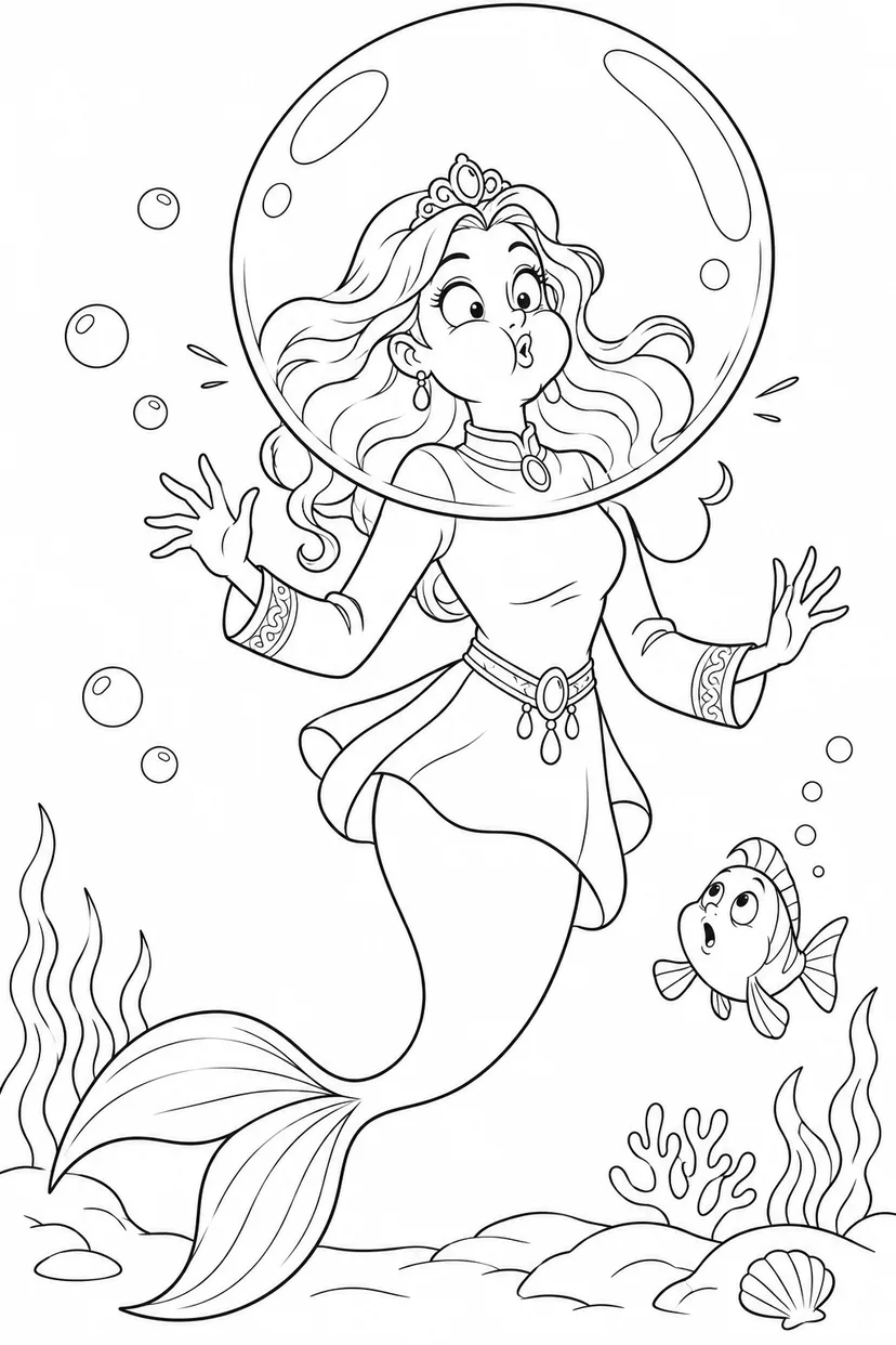 人魚姫：ふくらませすぎた大きな泡の塗り絵