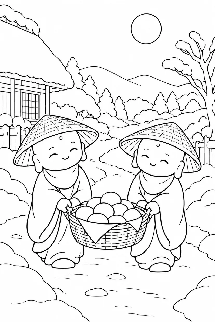 かさじぞう・ころころおもちのかごの塗り絵