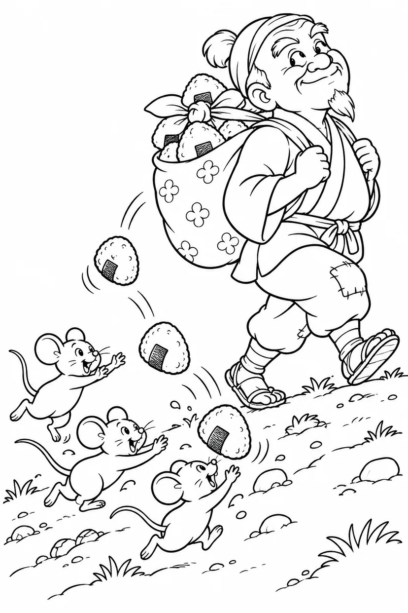 おむすびころりん・ギャグ：隣のおじいさんの山登りの塗り絵