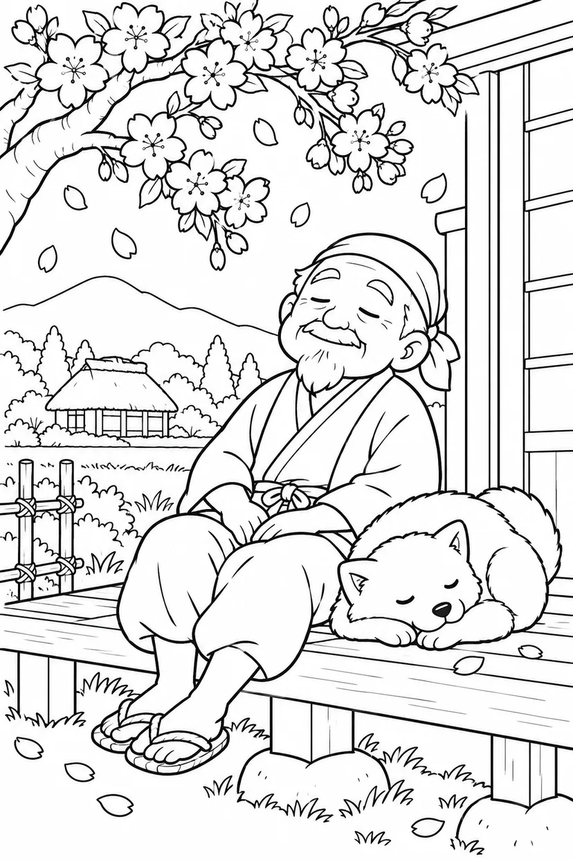 はなさかおじさん：白い犬と縁側のうたた寝（ほっこり）の塗り絵