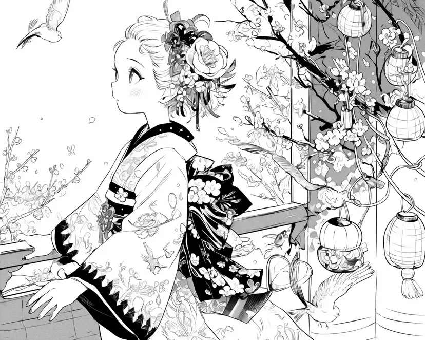 夢見る夜の花見の塗り絵