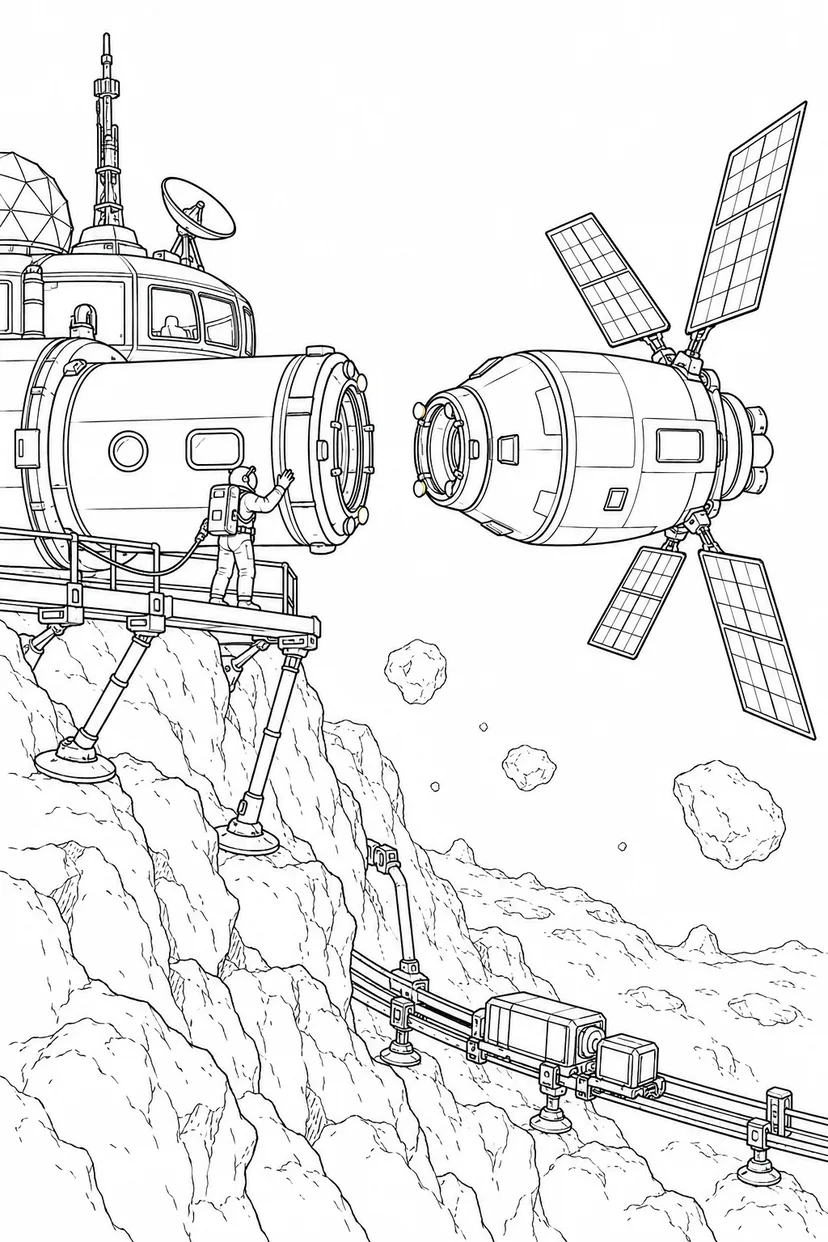 小惑星の岩山基地：補給船のドッキングの塗り絵