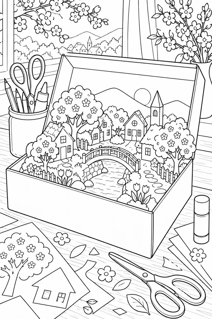 春の箱の中の小さな町の塗り絵