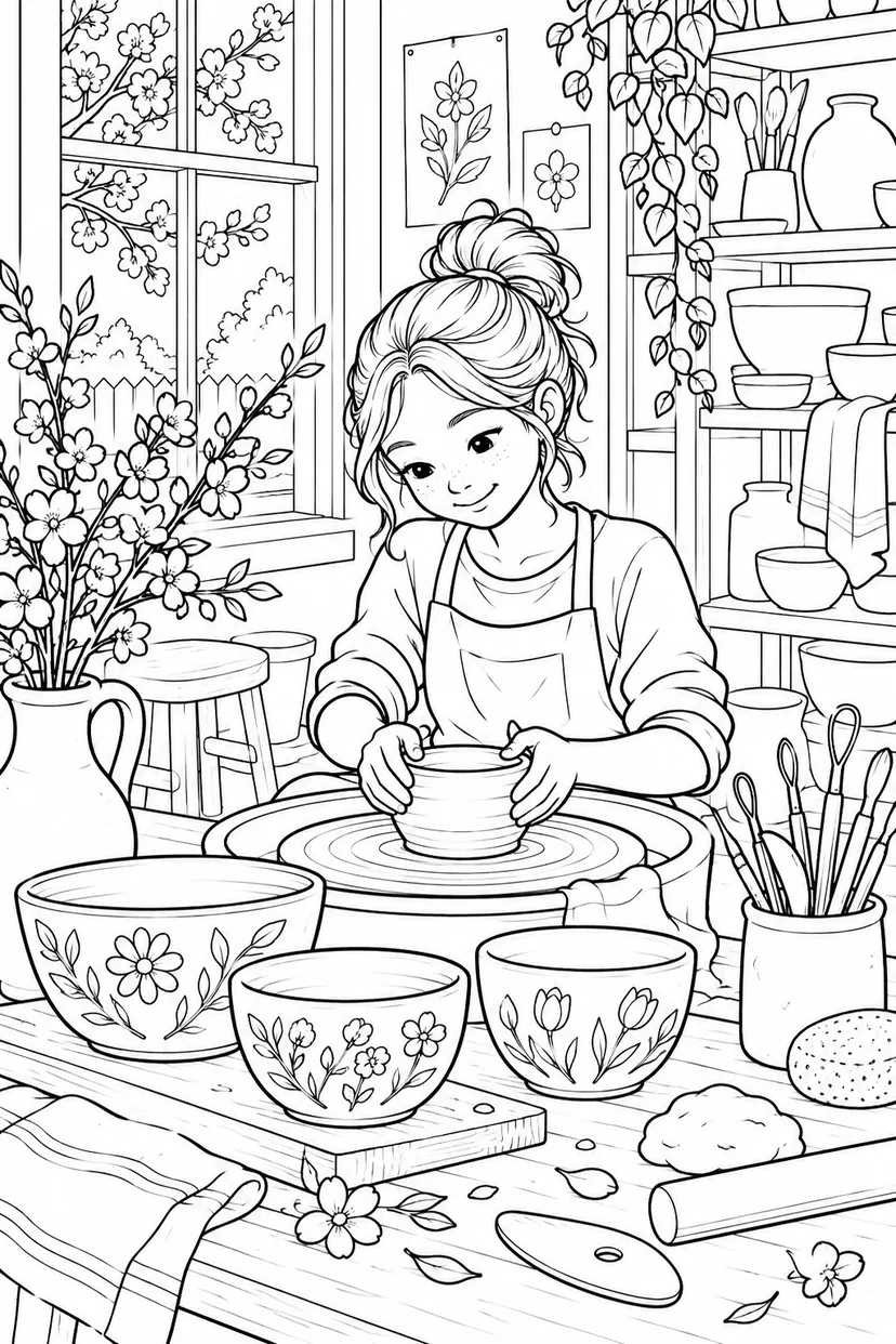 春の陶芸工房のうつわの塗り絵