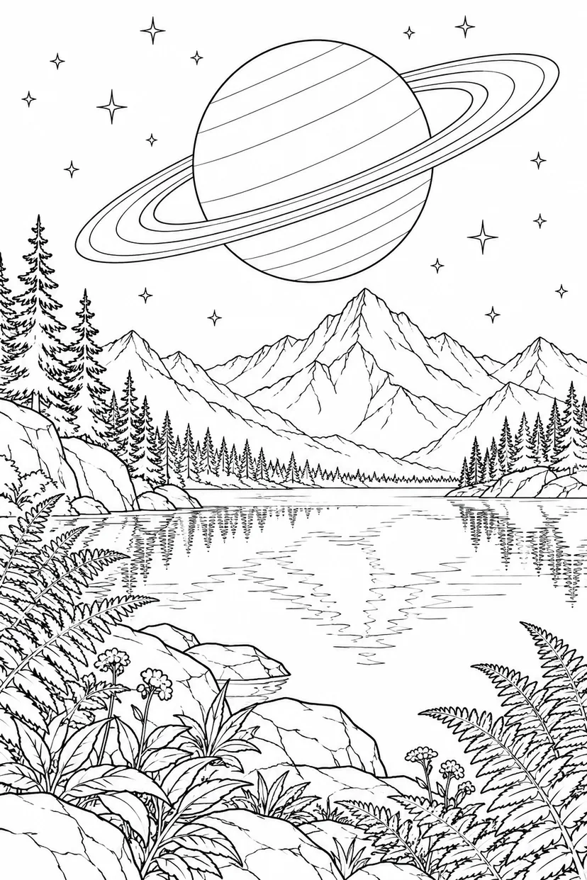 高山湖とシダと環のある惑星の塗り絵