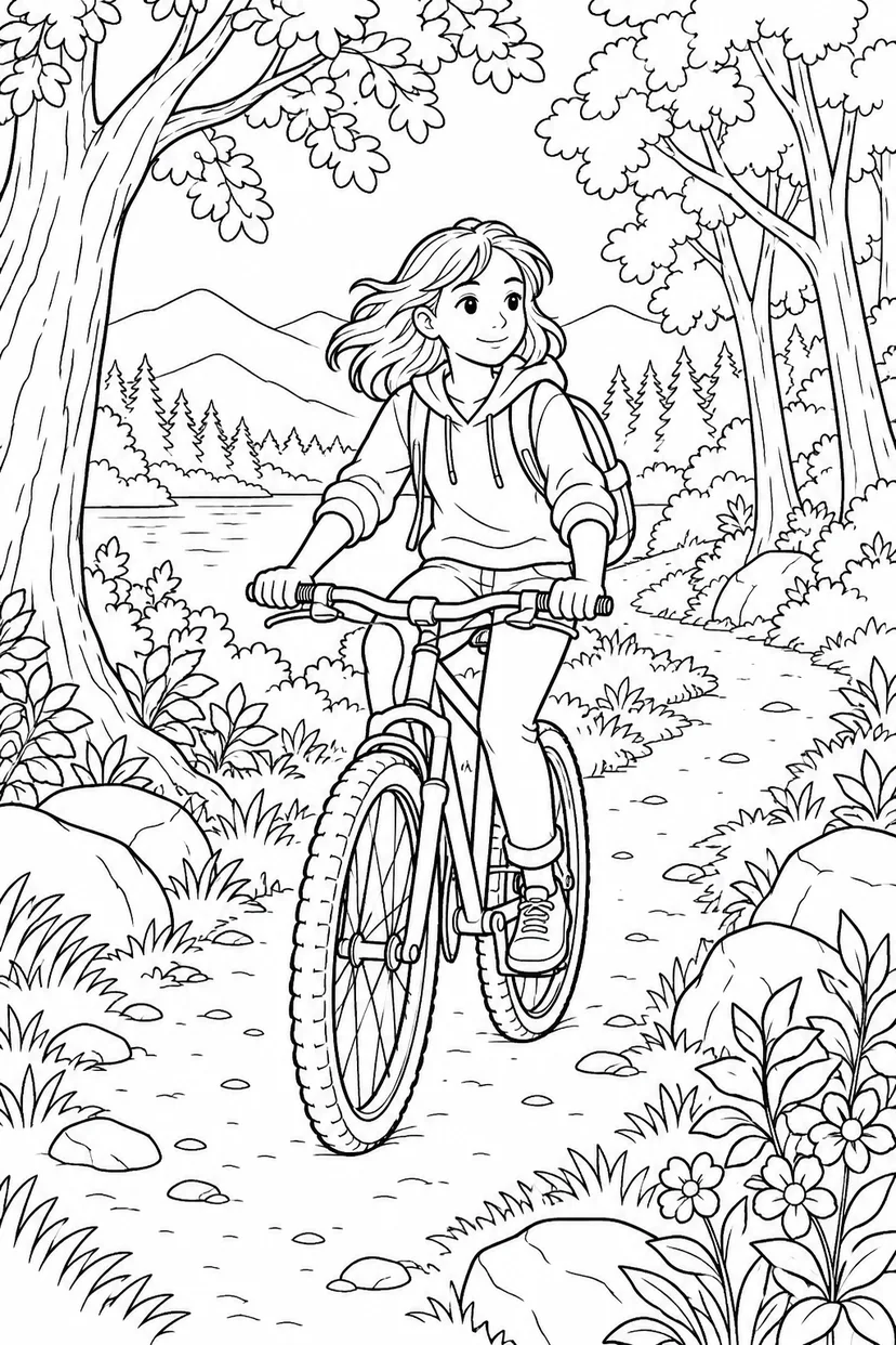 森の道を自転車で進む学生の塗り絵