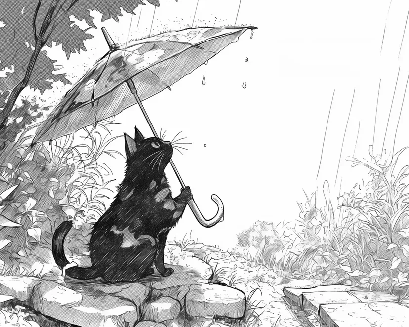 雨上がりの黒猫の塗り絵