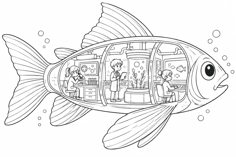 透明な魚の中の研究室の塗り絵