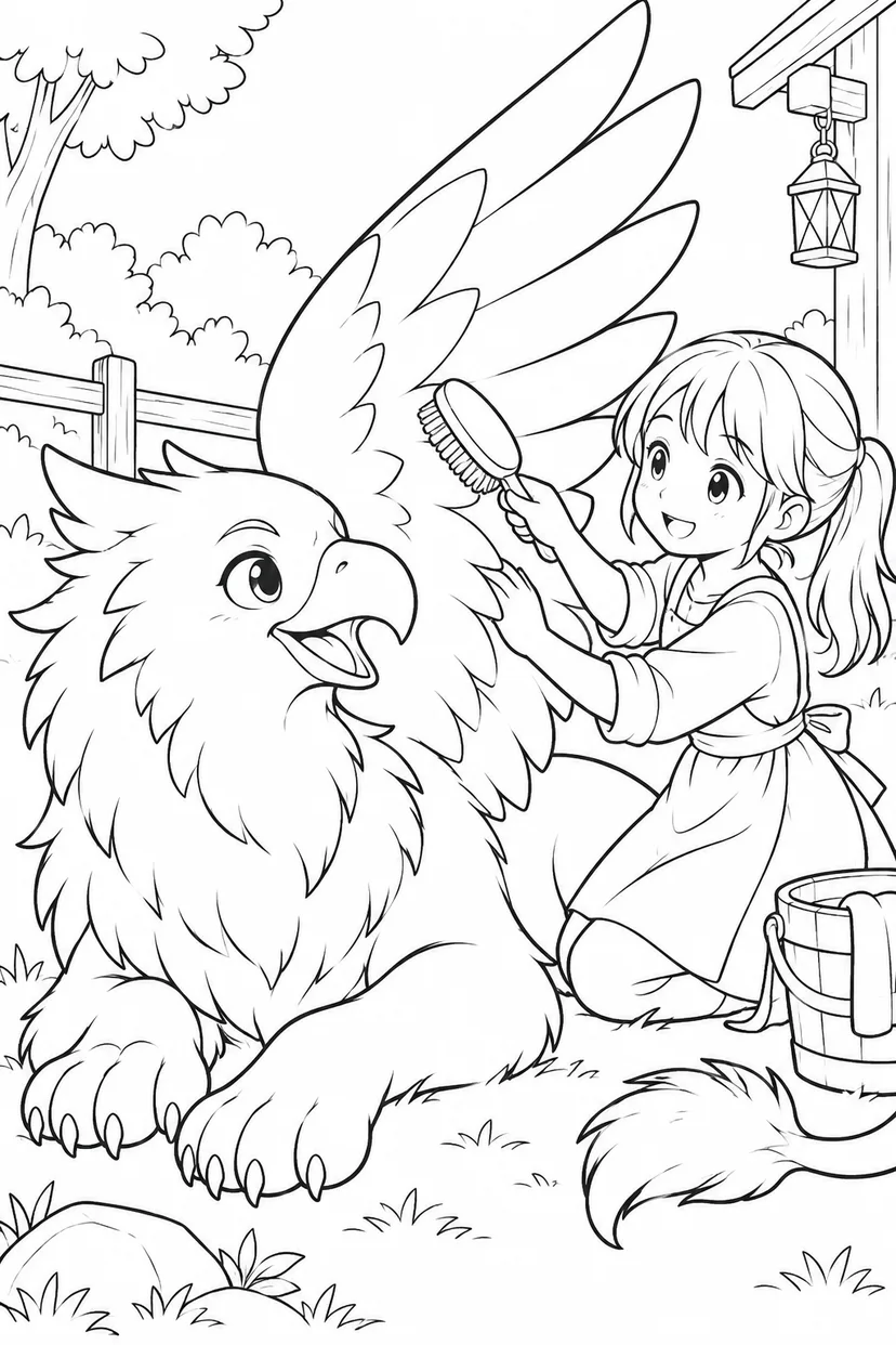 グリフォンの羽をとかしての塗り絵
