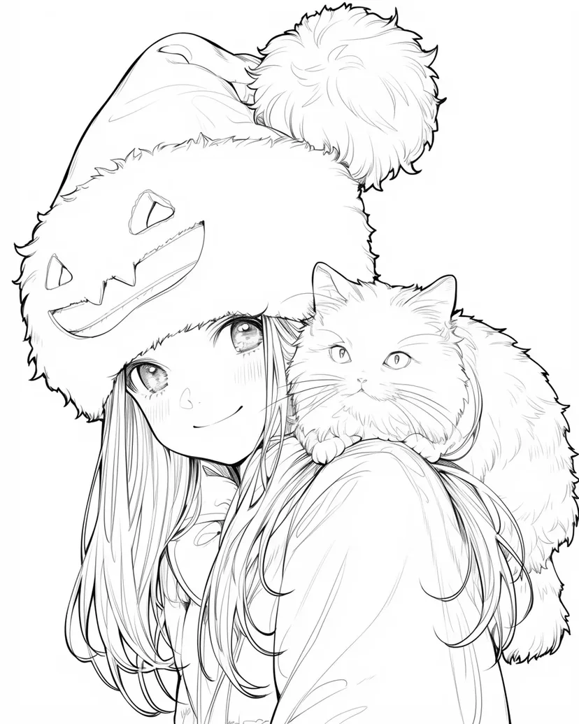 ふわふわ帽子の少女と猫の塗り絵
