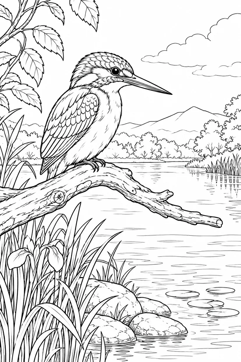 自然のひとこま：カワセミと水辺の枝の塗り絵