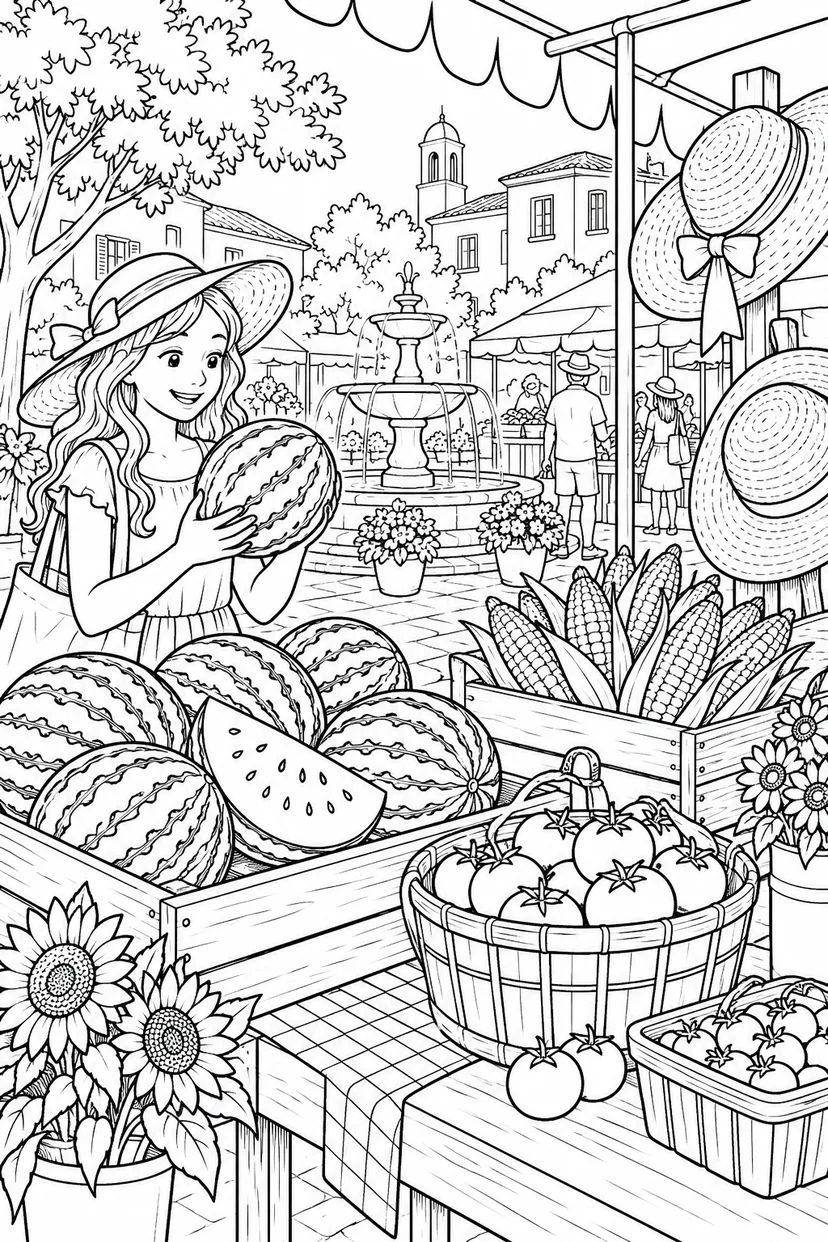 夏の広場の季節市の塗り絵