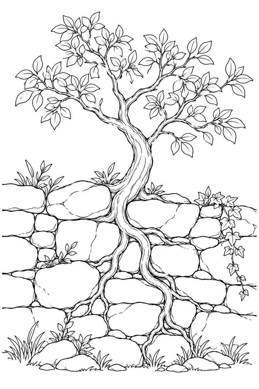 石垣に根を張る小さな木の塗り絵