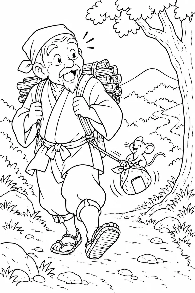 おむすびころりん・ギャグ：山へ向かうおじいさんの塗り絵