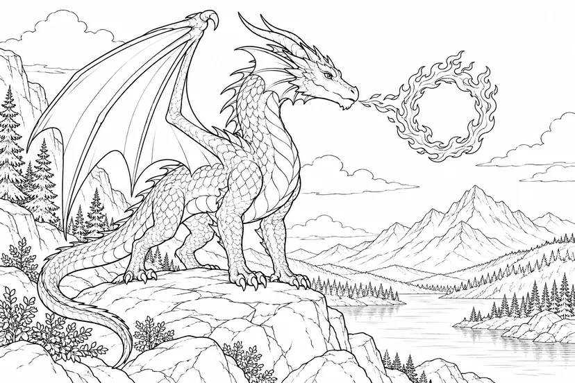 Dibujo de Dragón soplando un pequeño anillo de fuego para colorear