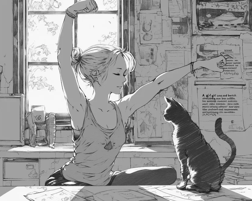 窓辺でストレッチする少女と猫の塗り絵