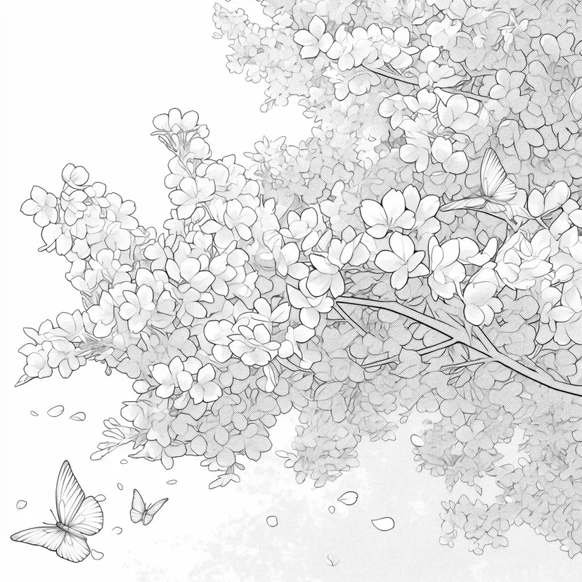 桜の花と蝶々の塗り絵