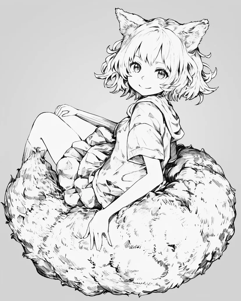 ふわふわのしっぽを持つ少女の塗り絵