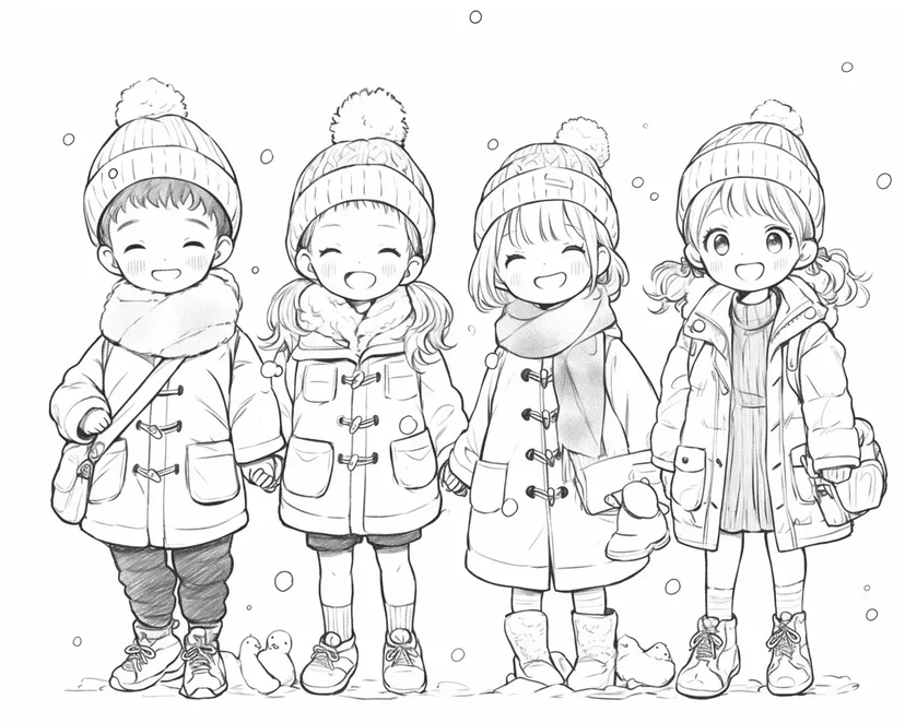 冬の楽しい子どもたちの塗り絵