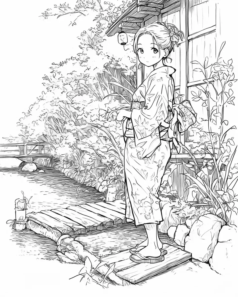 Coloriage Fille dans un Jardin Traditionnel