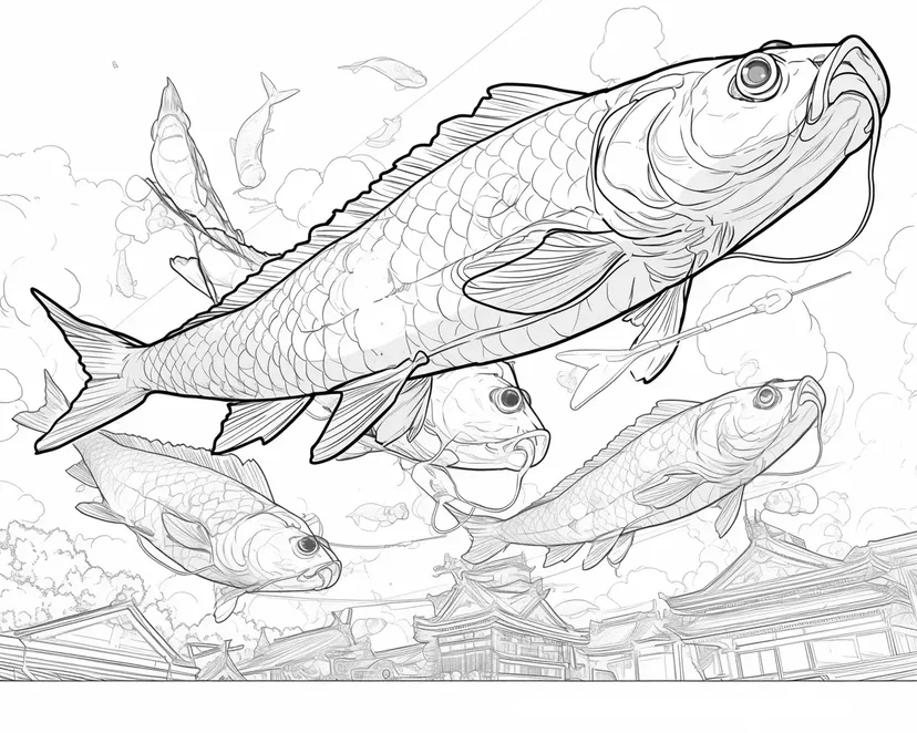 空を泳ぐ鯉のぼりの塗り絵