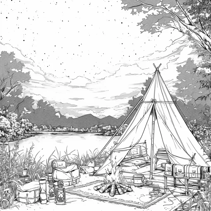 Desenho de Acampamento à Beira do Lago para colorir