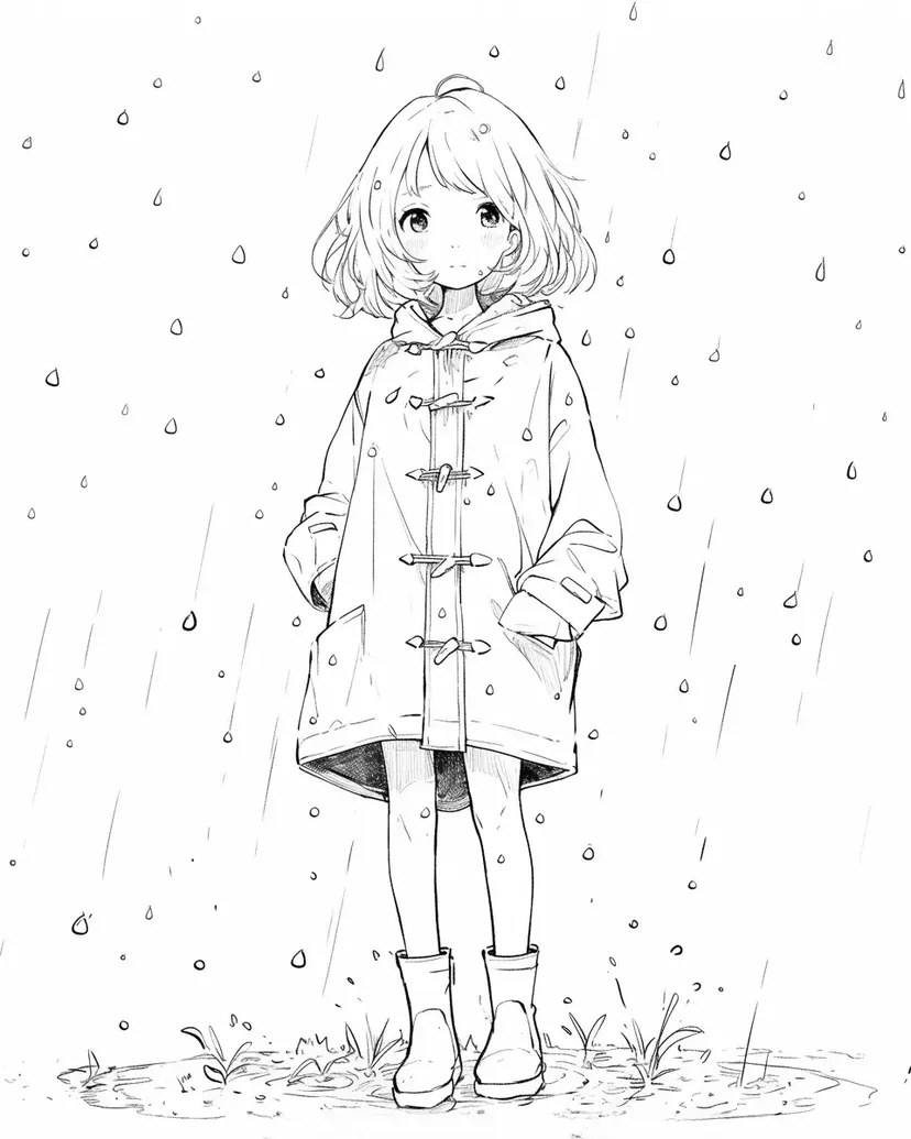 雨中的女孩涂色页