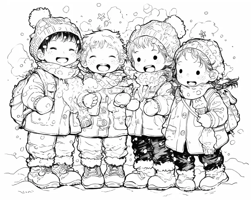 冬の楽しい子どもたちの塗り絵