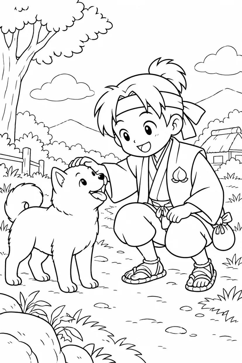 ほっこり桃太郎：桃太郎と犬の出会いの塗り絵