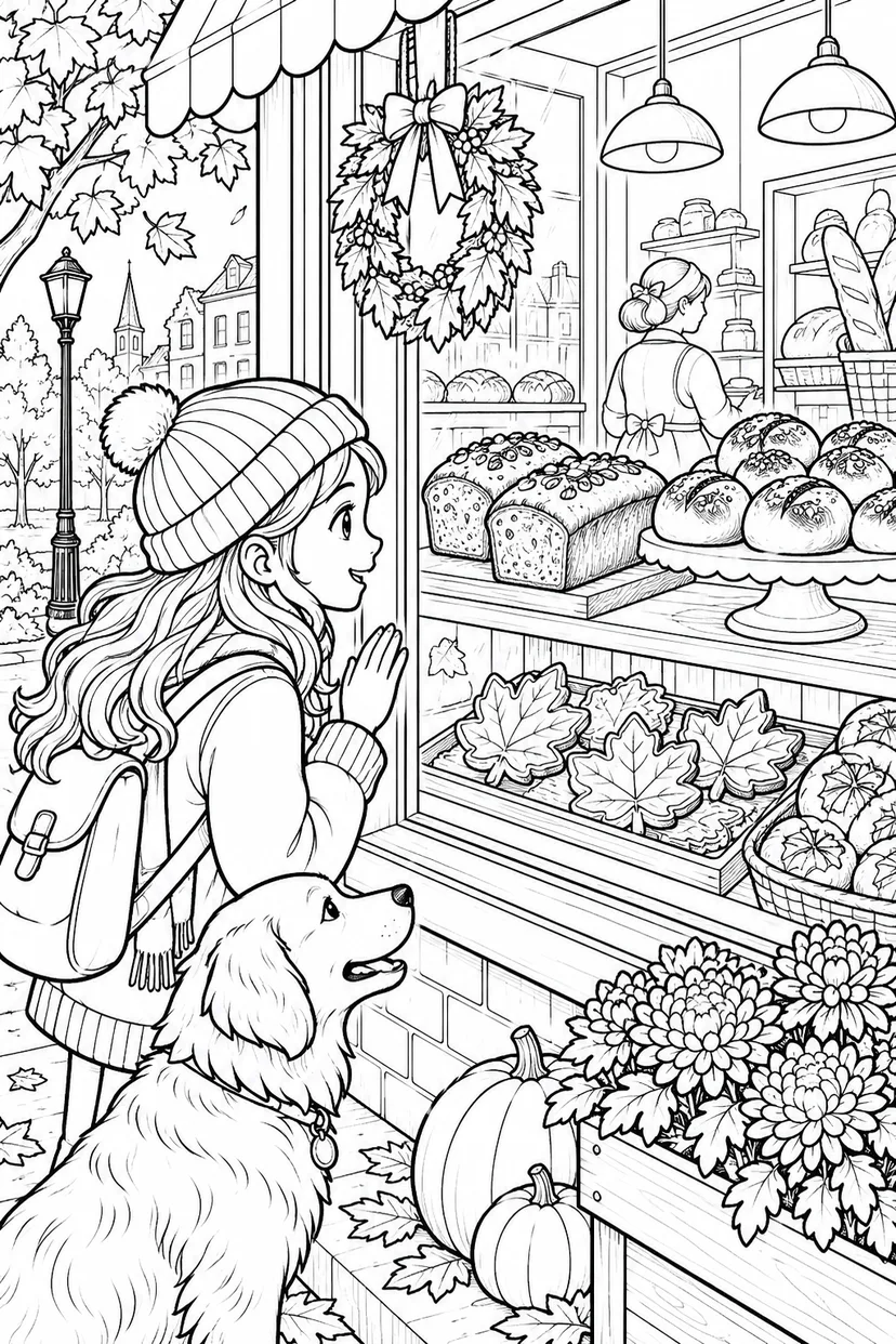 秋のパン屋さんの飾り窓の塗り絵