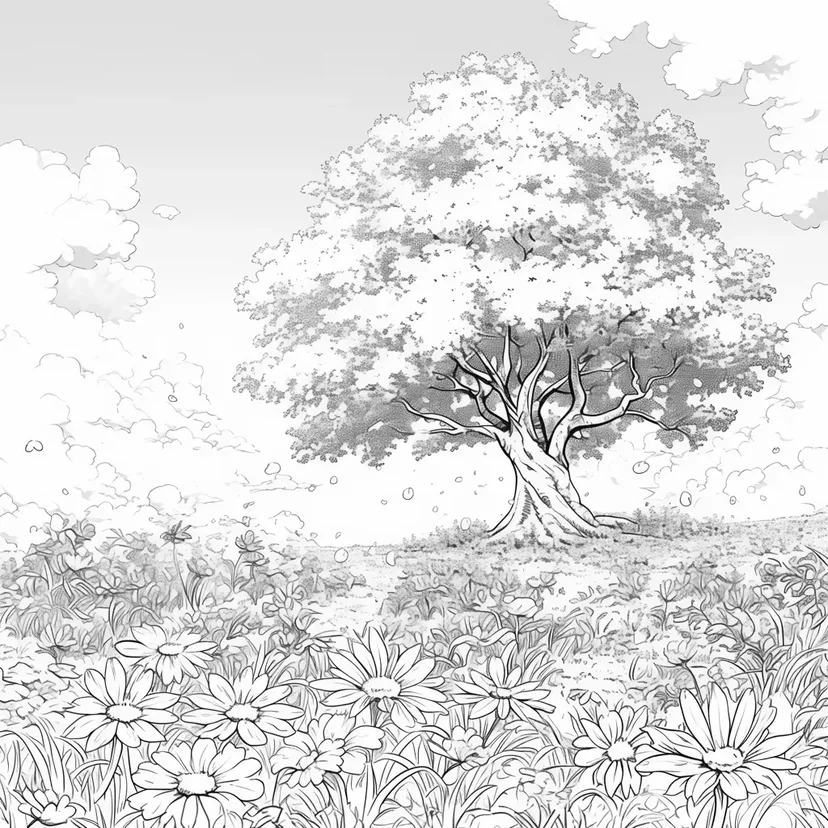 Desenho de A Grande Árvore e o Campo de Flores para colorir