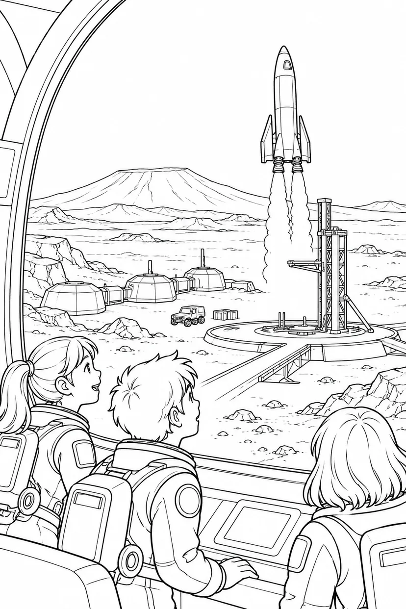 火星の火山平原基地：小型宇宙船の発進の塗り絵