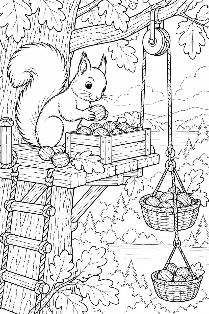 夏のりすの木の実倉庫の塗り絵