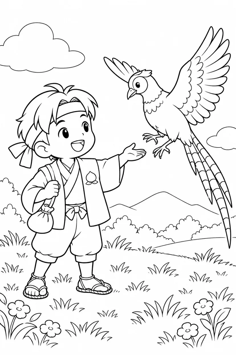 ほっこり桃太郎：桃太郎と雉の出会いの塗り絵