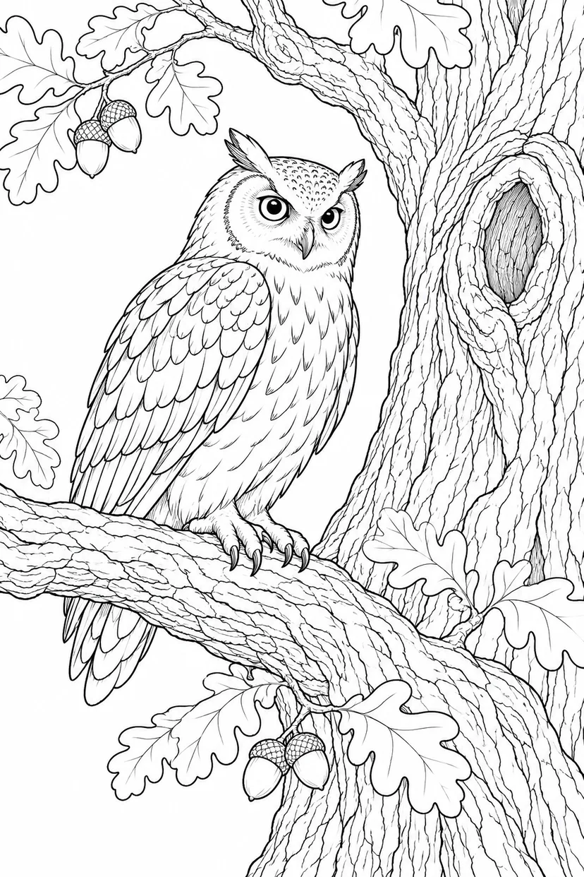 観察スケッチ：フクロウと古いオークの塗り絵