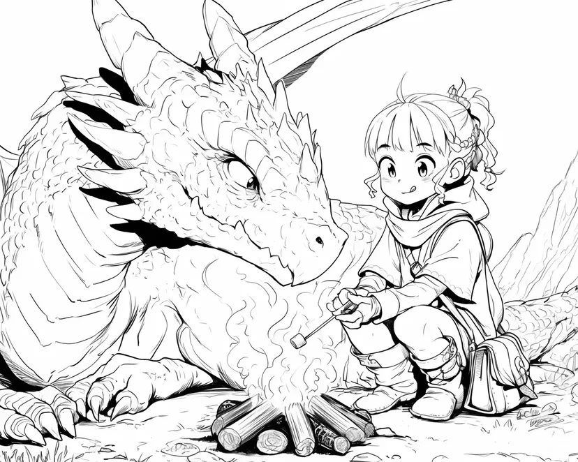 ドラゴンと少女のキャンプファイヤーの塗り絵