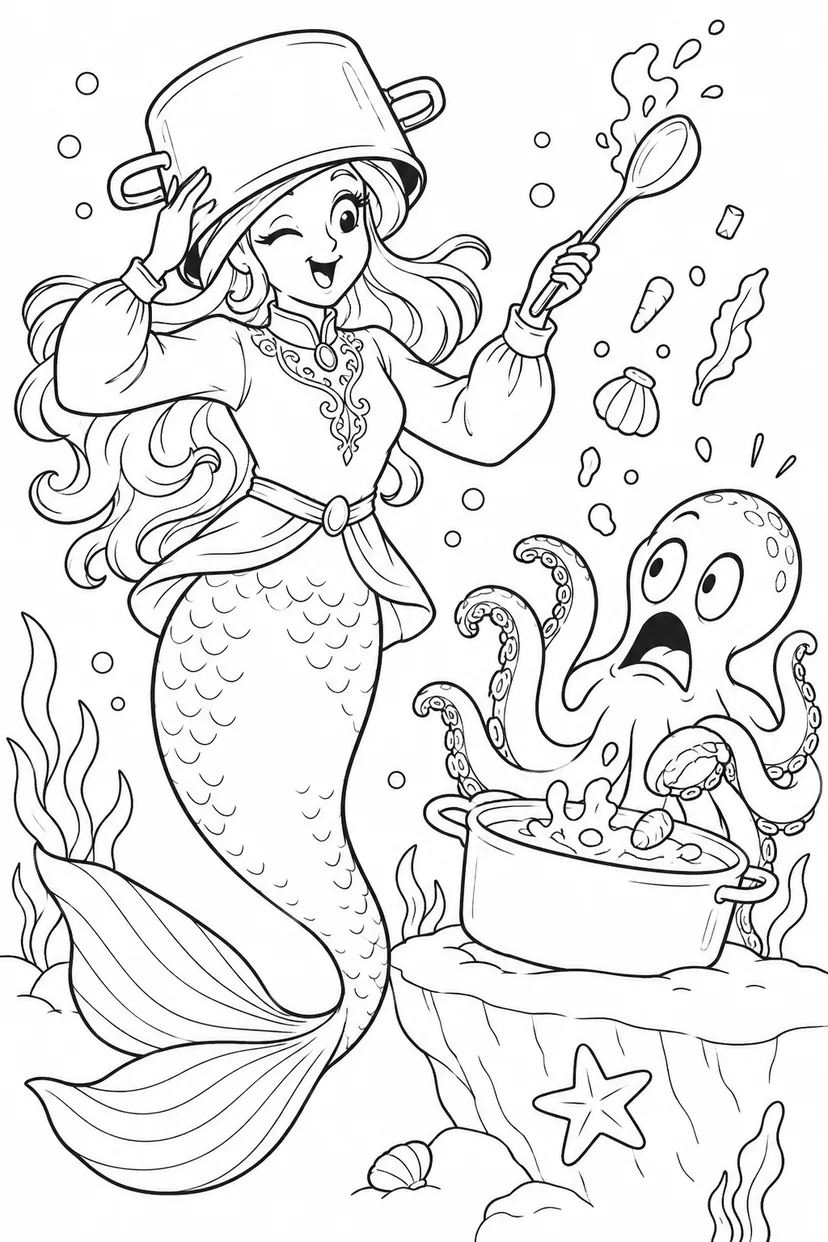 人魚姫：お鍋をかぶった料理番の塗り絵