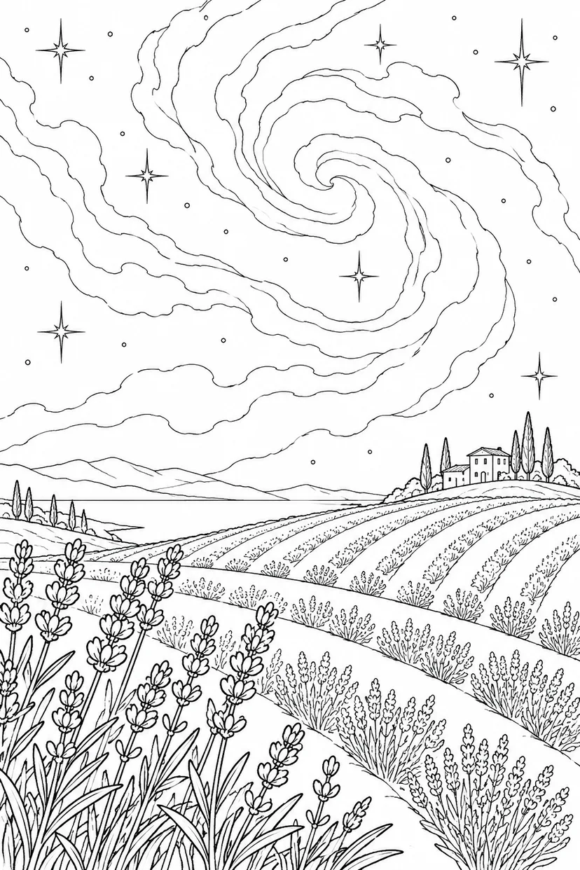 ラベンダーの丘と星雲のゆらめきの塗り絵