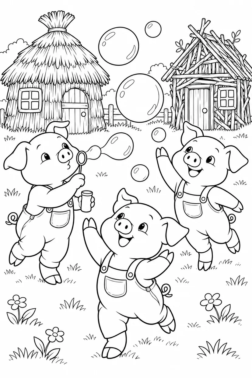 三只小猪：小屋门前吹泡泡涂色页