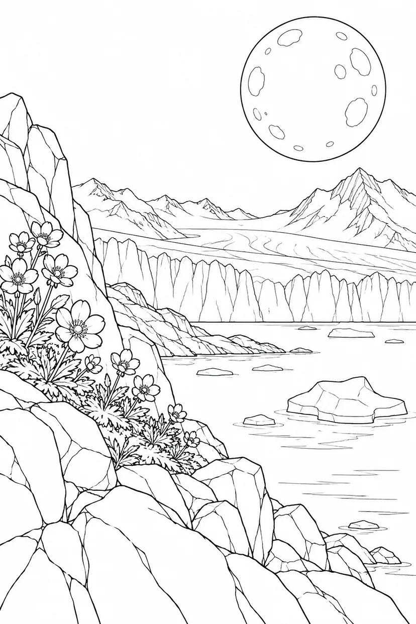氷河と岩の岬と満月の塗り絵