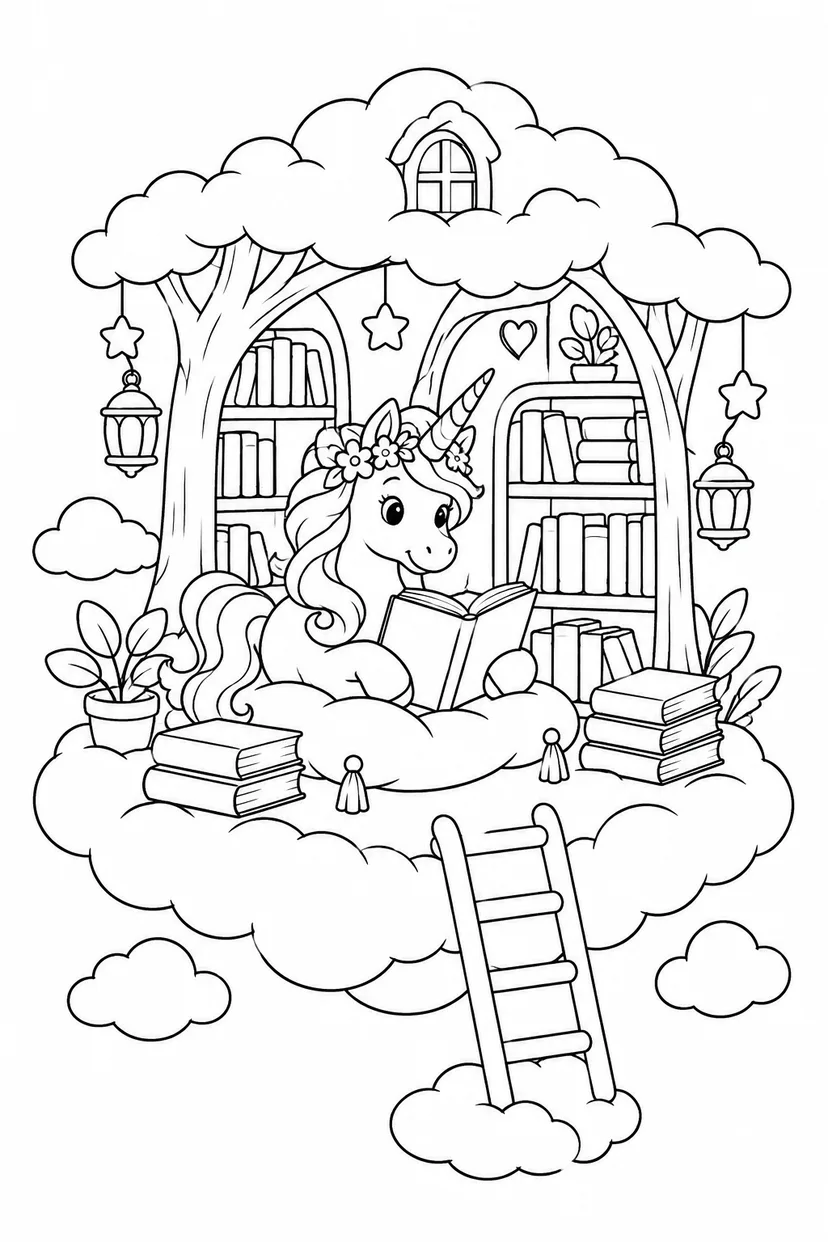 森のユニコーンと雲の図書館の塗り絵