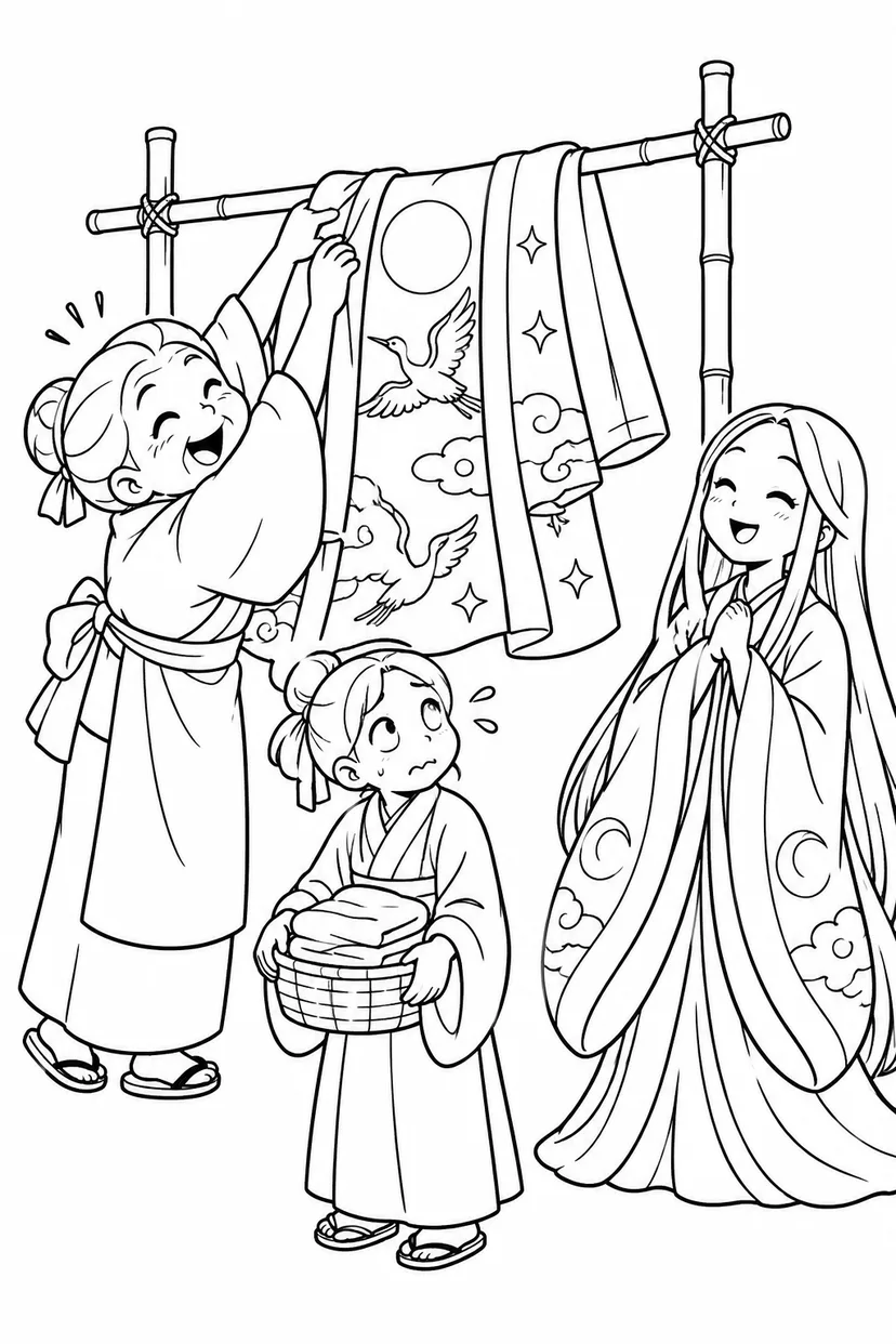 かぐや姫の羽衣を干すおばあさんの塗り絵