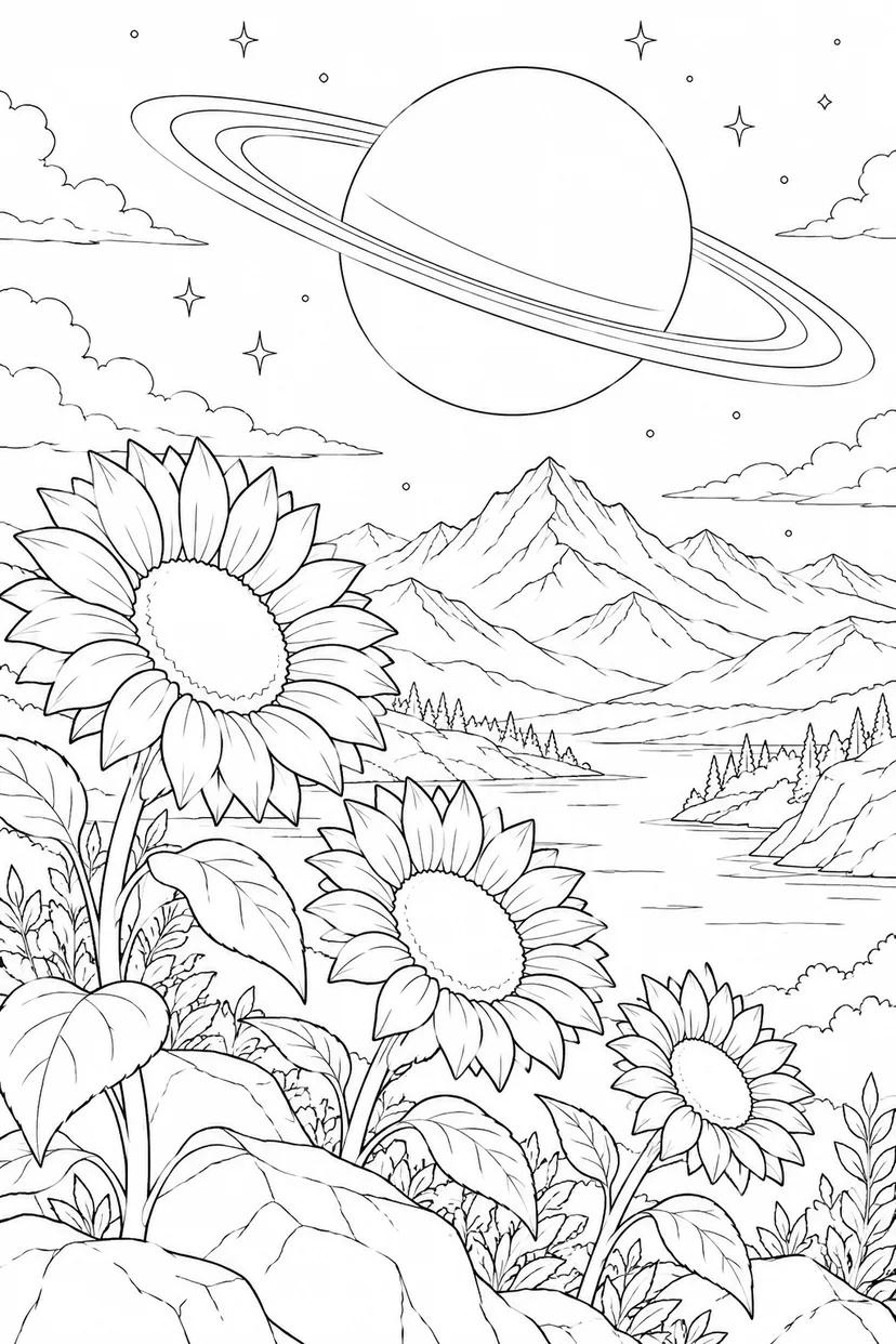ヒマワリと遠い山並みと環のある惑星の塗り絵