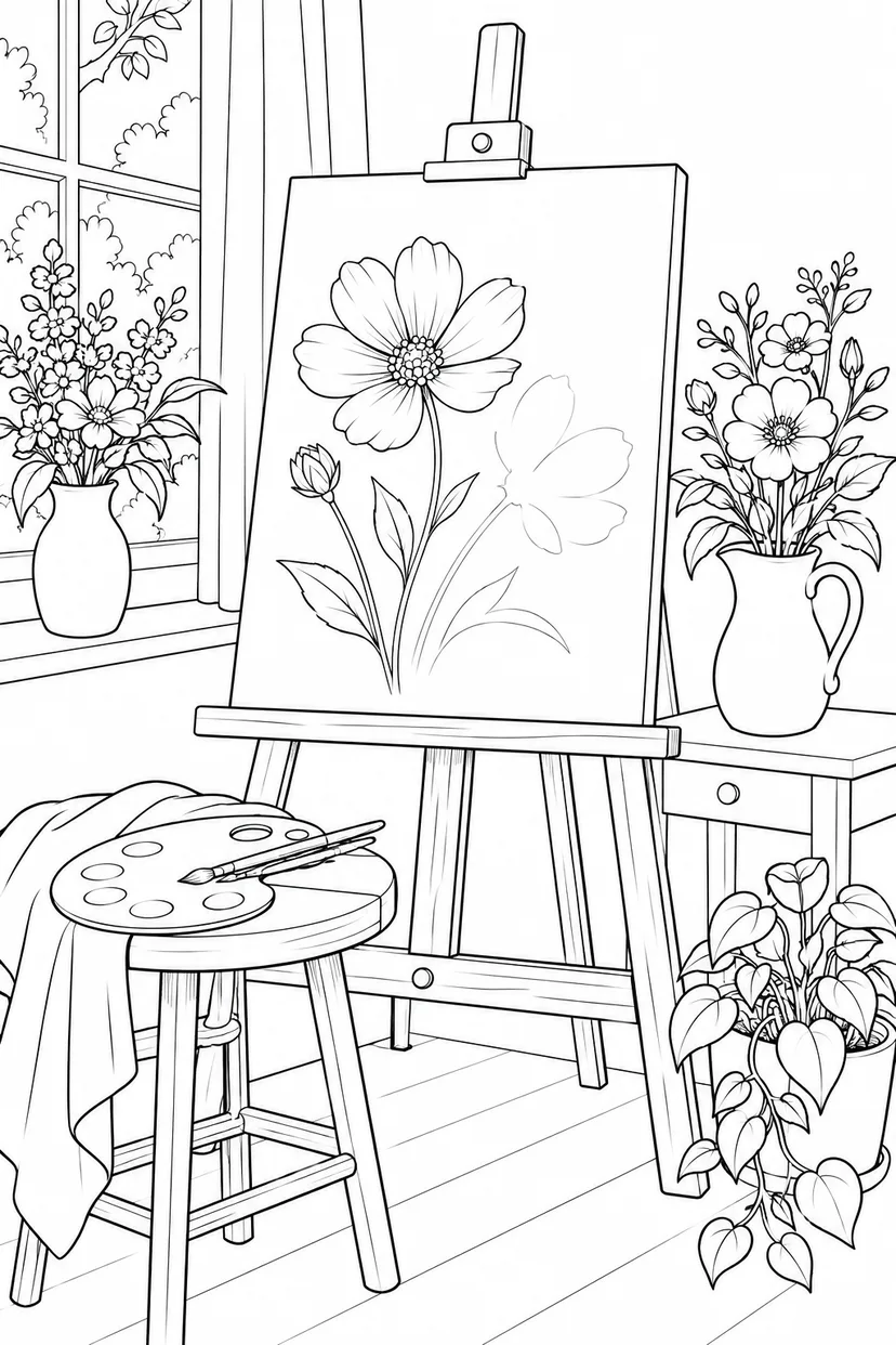 花を描きかけたイーゼルの塗り絵