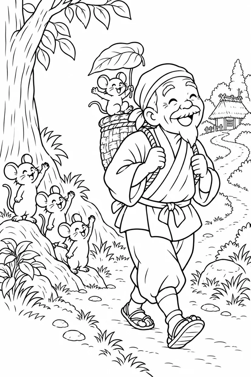 おむすびころりん・ギャグ：小さなつづらを背負っての塗り絵