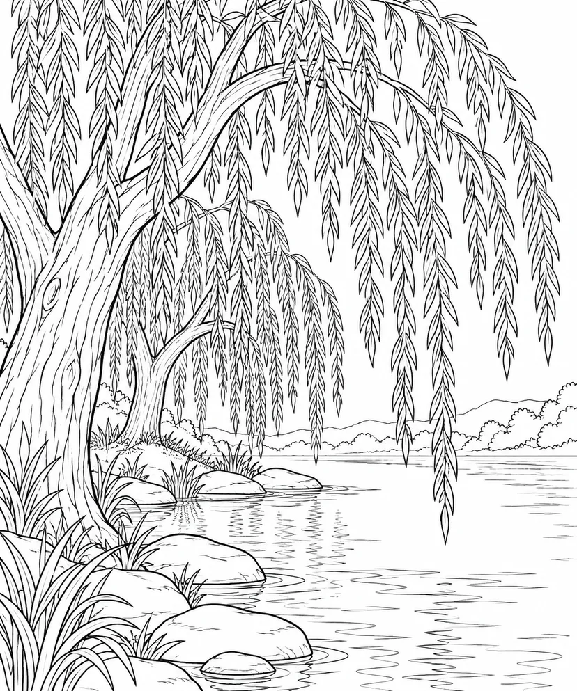 観察スケッチ：水辺のしだれ柳の塗り絵