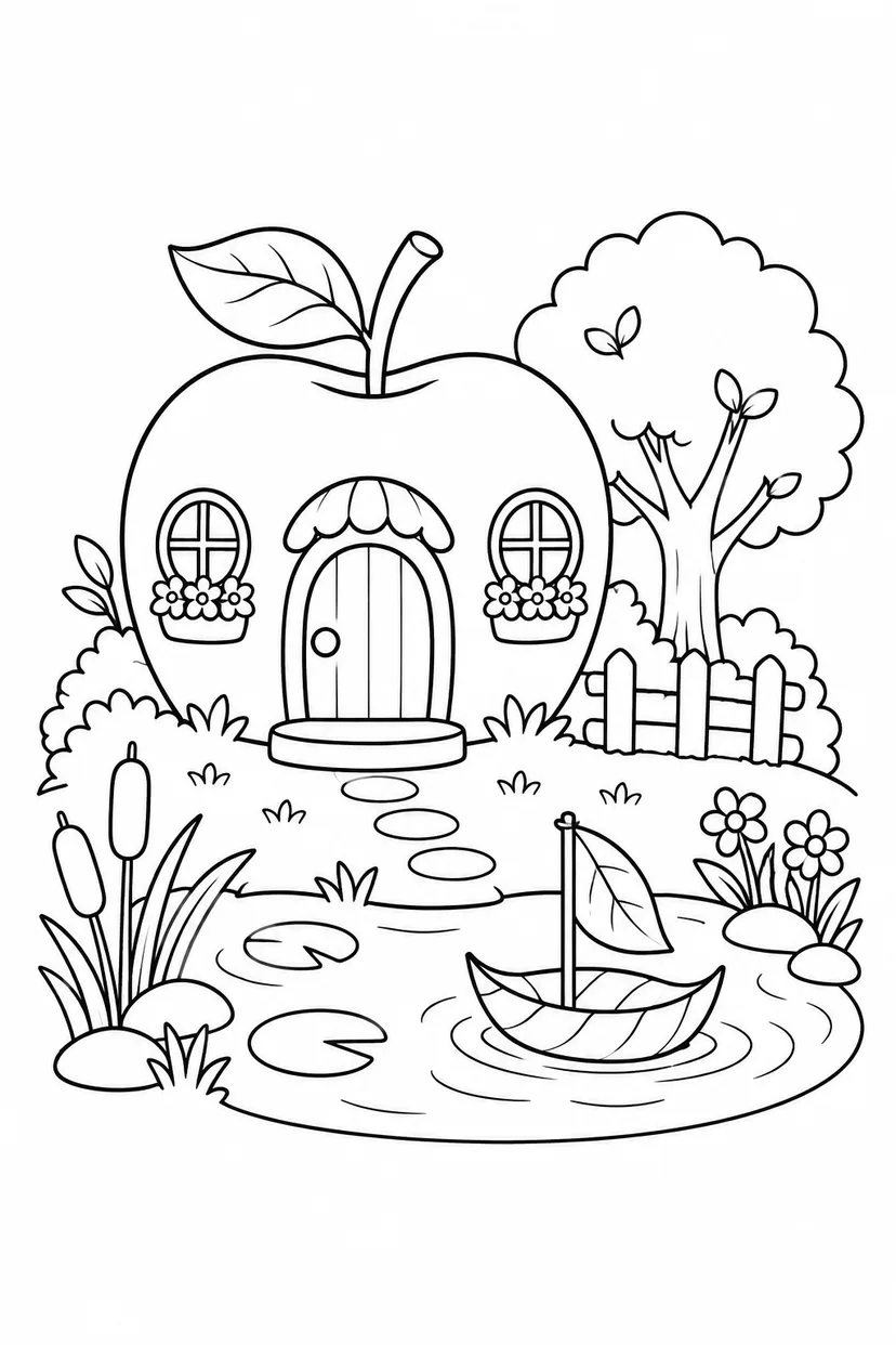 りんごのおうちの池の庭の塗り絵