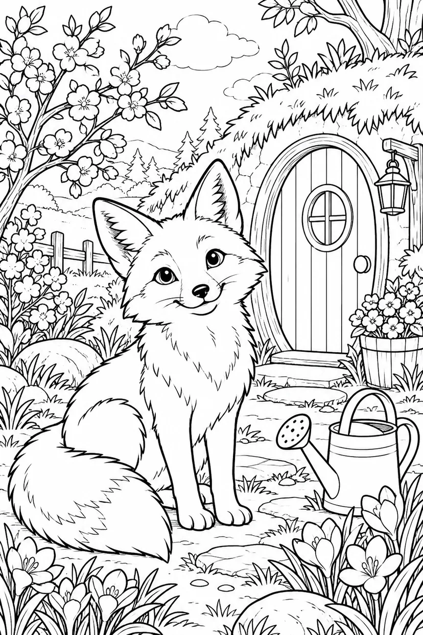 春のきつねの森の家の塗り絵