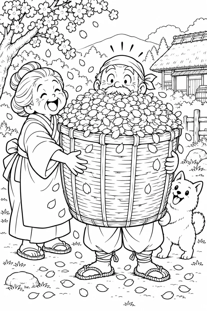 はなさかおじさん：顔しか見えない花びらかご（ギャグ）の塗り絵